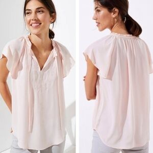 Loft Ditsy Floral Embroidered Floral Flutter Sleeve Pastel Pink V Neck Blouse M